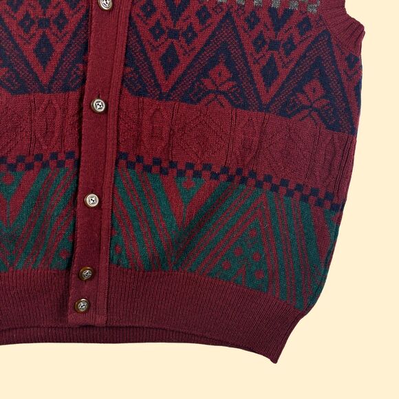 1990s geometric Arslanli wool vest, size L vintage burgundy/green sweater vest - Picture 3 of 8